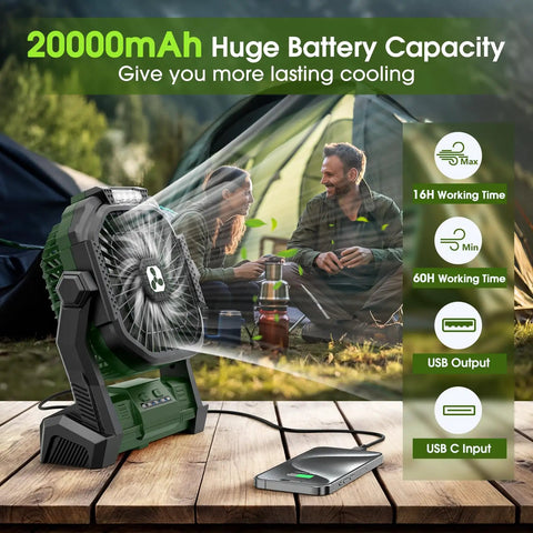 Portable Rechargeable Fan With 20000mAh Battery Cordless USB C Tent Fan With LED Lantern For Outdoor Camping And Travel