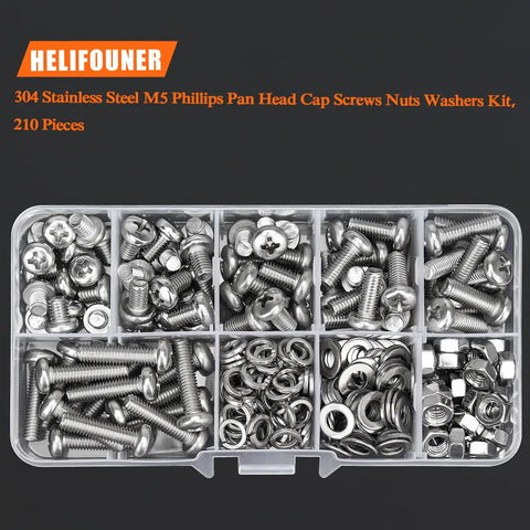 Kickass 304 Stainless Steel Metric Screw Kit With Phillips Pan Head Bolts M5 X 6mm 8mm 10mm 12mm 16mm 20mm Matching Hex Nuts And Lock Washers in clear container