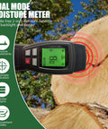 Dual Mode Moisture Meter For Wood And Building Materials Pin And Pinless 2 In 1 Moisture Detector With Backlight And Buzzer Digital Water Leak Tester For Hardwood Softwood Drywall And Masonry on cut log