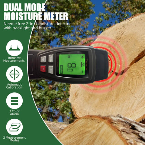 Dual Mode Moisture Meter For Wood And Building Materials Pin And Pinless 2 In 1 Moisture Detector With Backlight And Buzzer Digital Water Leak Tester For Hardwood Softwood Drywall And Masonry on cut log