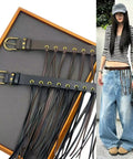 Vintage Industrial Waist Belt Featuring Heavy Copper Hardware And Flowing Tassels With Easy Adjustable Strap In Warm Coffee Brown For Daily Wear That Gives Serious Drip, displayed with tassels and buckle.