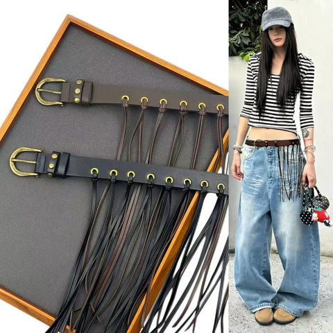 Vintage Industrial Waist Belt Featuring Heavy Copper Hardware And Flowing Tassels With Easy Adjustable Strap In Warm Coffee Brown For Daily Wear That Gives Serious Drip, displayed with tassels and buckle.