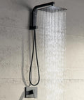 Matte Black Shower Faucet Set With 10 Inch Rainfall Head And Handheld Sprayer High Pressure Bath Kit on wall with water flow.