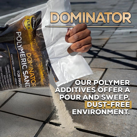 Person pouring 10 Pound Natural Ivory Polymer Sand With Ceramic Flex Technology for durable paver joints onto grey stone.