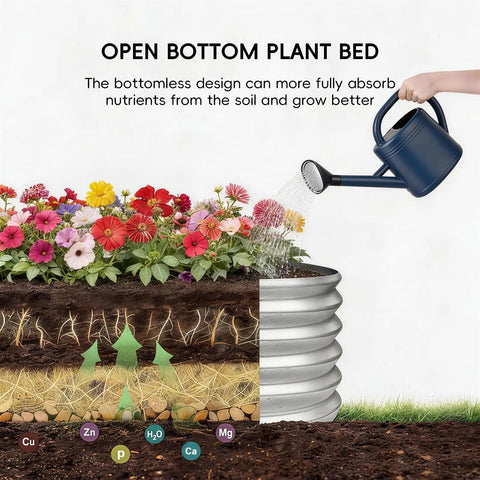 Cross-section view of 3-Pack Round Galvanized Raised Garden Bed Kit 2 By 2 By 1 Foot Outdoor Planter with flowers and watering can.