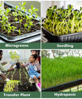 Collage showing uses of Upgraded 10 Pack Plant Growing Trays For Seed Starting And Microgreens No Holes No Leakage Durable Reusable Plastic Germination Starter Flats Seedling Tray Set For Transplants And Fodder For Indoor Garden.