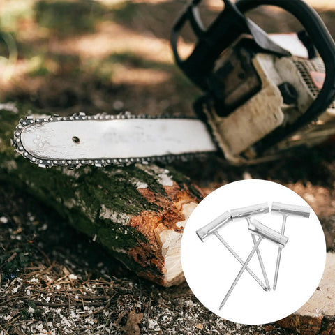 Heavy Duty Four Piece Chainsaw Wrench Socket Set With Bar Adjustment Tool shown with chainsaw on log background.