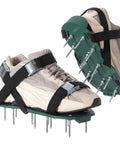 Lawn Aerator Spike Shoes With Three Metal Buckle Straps Green Spiked Sandals on beige sneakers for soil penetration
