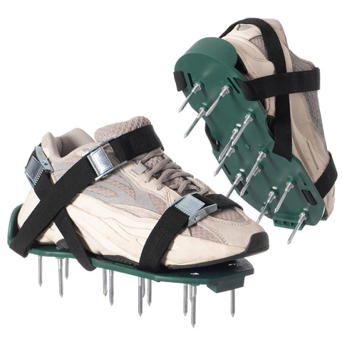 Lawn Aerator Spike Shoes With Three Metal Buckle Straps Green Spiked Sandals on beige sneakers for soil penetration