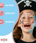 Child with Pirate Glitter Face Tattoos Set For Theme Parties Halloween And Carnival Temporary Body Art smiling and playful