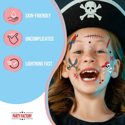 Child with Pirate Glitter Face Tattoos Set For Theme Parties Halloween And Carnival Temporary Body Art smiling and playful
