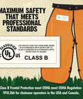 Orange 37 Inch Apron Style Chainsaw Chaps For Men And Women With Pocket And Adjustable Waist Built For Pro Grade Chainsaw Safety Gear And Leg Protection On The Job featuring UL Class B safety certification.