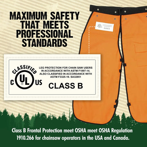 Orange 37 Inch Apron Style Chainsaw Chaps For Men And Women With Pocket And Adjustable Waist Built For Pro Grade Chainsaw Safety Gear And Leg Protection On The Job featuring UL Class B safety certification.
