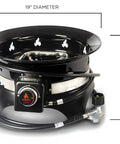 Premium 58,000 BTU Smokeless Propane Fire Pit With Auto Ignition 19 Inch Outdoor Gas Pit Includes Cover And Carry Kit Black "Perfect Mess Free Campfire For Backyard, Camping, RV Trips, Tailgating And Beach Nights" shown with dimensions.