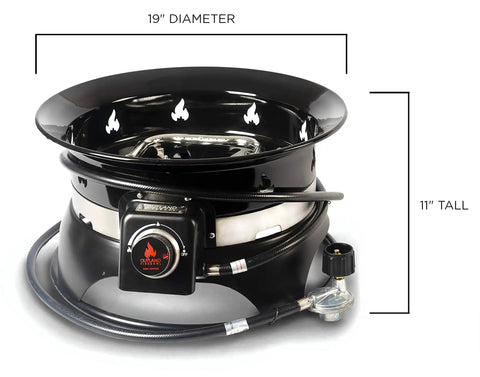 Premium 58,000 BTU Smokeless Propane Fire Pit With Auto Ignition 19 Inch Outdoor Gas Pit Includes Cover And Carry Kit Black "Perfect Mess Free Campfire For Backyard, Camping, RV Trips, Tailgating And Beach Nights" shown with dimensions.