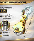 Hella Sturdy 2 Pack Snatch Block Pulley With Swivel Eye And Hoist Hook 2 Ton 4400 Lbs Capacity Zinc Coated Steel specifications image showing dimensions and compatibility.