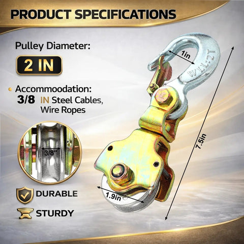 Hella Sturdy 2 Pack Snatch Block Pulley With Swivel Eye And Hoist Hook 2 Ton 4400 Lbs Capacity Zinc Coated Steel specifications image showing dimensions and compatibility.