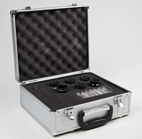Open aluminum carry case with eyepieces and filters from NexStar Evolution 8 Schmidt-Cassegrain Telescope With Built-In WiFi GoTo Mount Bundle
