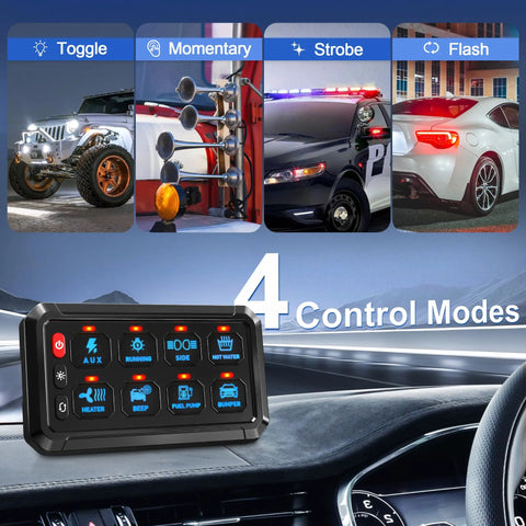 Beefed Up Eight Gang Switch Panel With Momentary On Off Touch Control For 12V And 24V Vehicles, 4 control modes shown