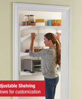 Person adjusting 36 Inch Pantry Shelf System With Direct Wall Mount, 4 White Wire Shelves And Mounting Hardware Included, Heavy Duty Closet Organizer
