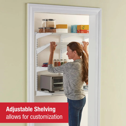 Person adjusting 36 Inch Pantry Shelf System With Direct Wall Mount, 4 White Wire Shelves And Mounting Hardware Included, Heavy Duty Closet Organizer