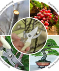 Yard Pro Pruning Shears For The Garden trimming dead branches, fruit, plants, and bonsai showcasing versatility and ergonomic grip.