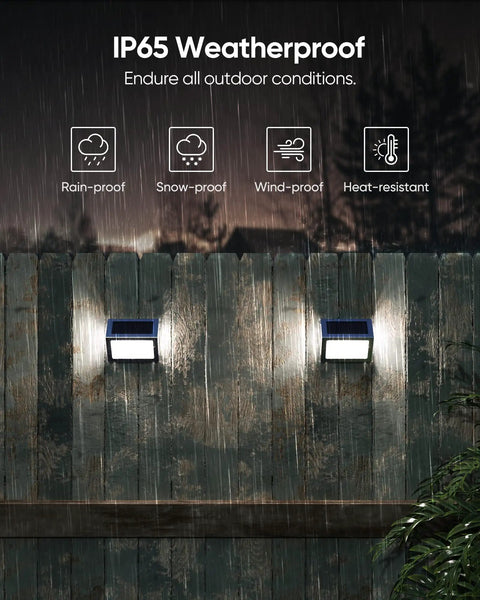 16 Pack 3 Sided Solar Deck Lights Stainless Steel Waterproof IP65 Outdoor Lights illuminating a fence in rain.