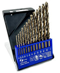 Front view of 13-piece cobalt drill bit set in blue plastic index box; M35 HSS twist bits, 1/16–1/4 in.
