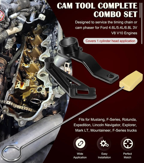 Ford Camshaft Tool Complete Combo Set For 4.6L 5.4L And 6.8L 3V Engines with cam phaser holder, chain locking wedge, crank tool.