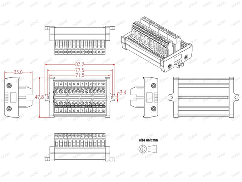 Diagram of Durable Screw Mount Terminal Block Distribution Module, 12 Positions, 24A Per Position, 400V Rating, 5.0 mm Pitch