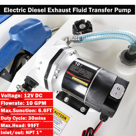 No Brainer 12 Volt Diesel Fluid Transfer Pump Kit with 12V motor, 10 GPM flow rate, for urea transfer, close-up view.