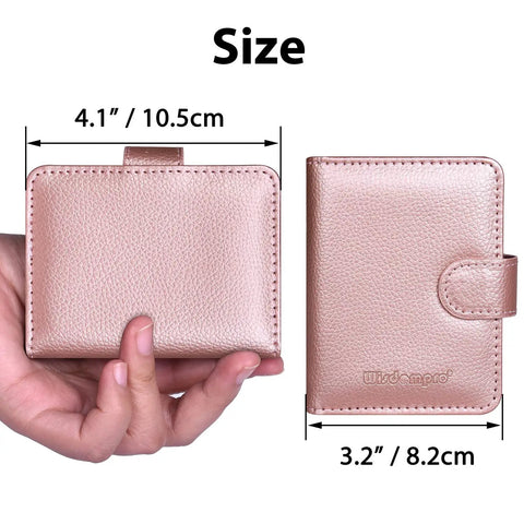 Hand holding Slim RFID Blocking Card Holder Wallet Organizer Case With Magnetic Closure In PU Leather Vertical Rose Gold 20 Card Slots