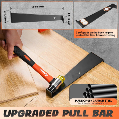 Upgraded pull bar from 7-In-1 Laminate Flooring Installation Kit with handle and three soft pads for floor protection.