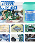 No Clean Solder Paste Flux For Dope Eco Friendly Electronics Soldering Pro Grade For CPU Disassembly And Assembly BGA And SMD PCB Repair Lead Free Acid Free Low Odor Safe And Non Toxic Environmentally Friendly 5.15oz 146g in application, including LED, SMD, drag welding, disassembly, DIY, chip tin implantation, with product jar shown.