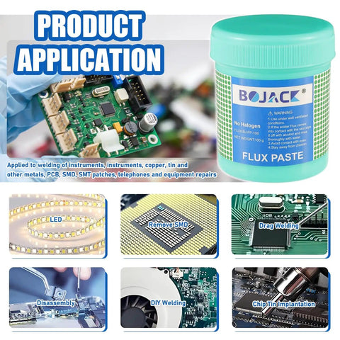 No Clean Solder Paste Flux For Dope Eco Friendly Electronics Soldering Pro Grade For CPU Disassembly And Assembly BGA And SMD PCB Repair Lead Free Acid Free Low Odor Safe And Non Toxic Environmentally Friendly 5.15oz 146g in application, including LED, SMD, drag welding, disassembly, DIY, chip tin implantation, with product jar shown.
