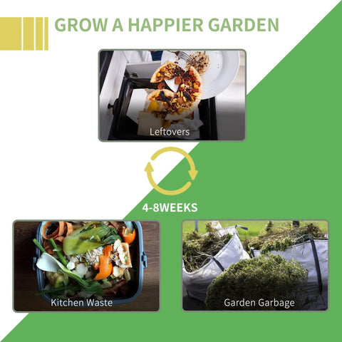 Infographic showing composting process with images of leftovers, kitchen waste, and garden garbage over 4-8 weeks.