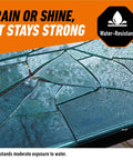 Two-part clear epoxy syringe packaging on an orange banner with rain-or-shine slogan and water-resistant badge.