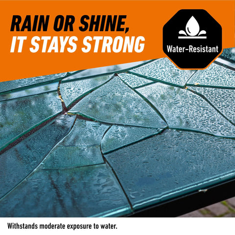 Two-part clear epoxy syringe packaging on an orange banner with rain-or-shine slogan and water-resistant badge.