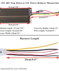 DC 36V 48V To 12V Power Reducer measurements diagram with dimensions for wiring harness and converter size.