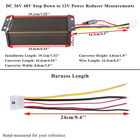 DC 36V 48V To 12V Power Reducer measurements diagram with dimensions for wiring harness and converter size.