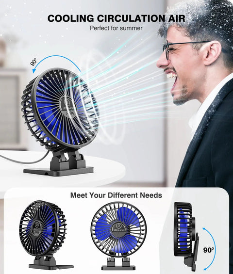 USB Desk Fan Mini Portable Personal Desktop Cooling Fan With Three Speeds, Plug In Power, Quiet Brushless Motor, Black And Blue