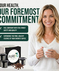 Woman holding coffee cup next to box of Reusable K Cups For Supreme Series With Multistream Technology, Eco Friendly 4 Pack