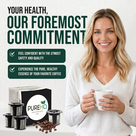 Woman holding coffee cup next to box of Reusable K Cups For Supreme Series With Multistream Technology, Eco Friendly 4 Pack