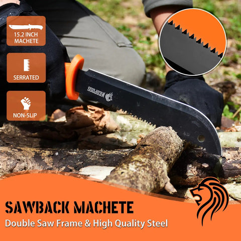 15 Inch Machete And 10 Inch Camping Axe Hatchet Knife Set For Outdoor Survival sawing wood with serrated blade in forest