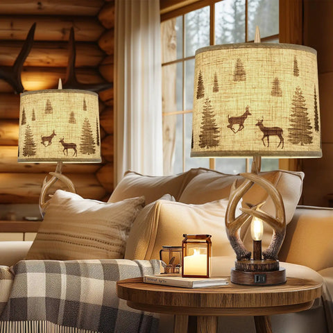 Rustic Farmhouse Antler Table Lamp Set Of 2 With Nightlight And Dual USB Ports, Linen Round Shade Bedside Lamps in cozy living room