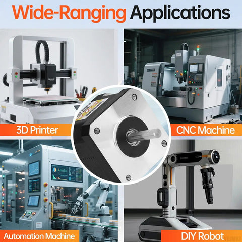 Three Pack Nema 17 Stepper Motors 2 Phase 1.8 Degree High Torque Bipolar shown with 3D printer, CNC, automation, and DIY robot applications