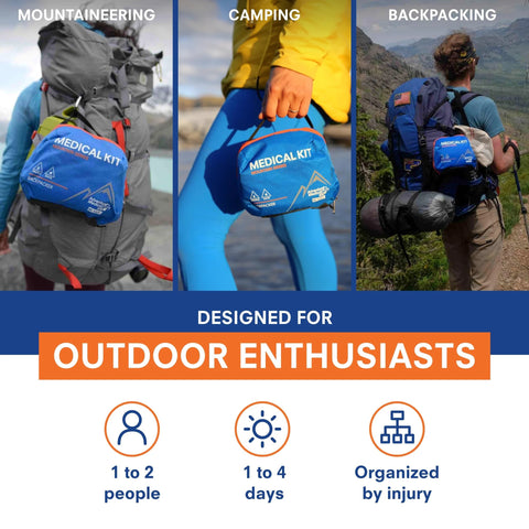 Front/side views of Adventure Medical Kits Mountain Series Backpacker Medical Kit, 96 pieces, blue/orange, on a hiking backpack.