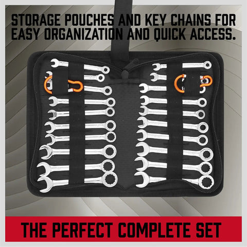Beefy 22 Piece Mini Wrench Set With Metric And SAE Sizes From 4 To 10mm And 5 32 Inches To 7 16 Inches High Carbon Steel Angled Design Lightweight Carry Pouch open