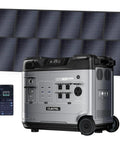Heavy Duty Portable Power Station Hooked Up To Two Five Hundred Watt Solar Panels showing sleek gray build and app interface.
