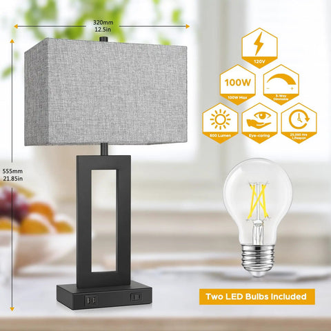 Set Of 2 Modern Touch Control Table Lamps With USB Ports For Nightstands, showing dimensions and LED bulb, gray shade